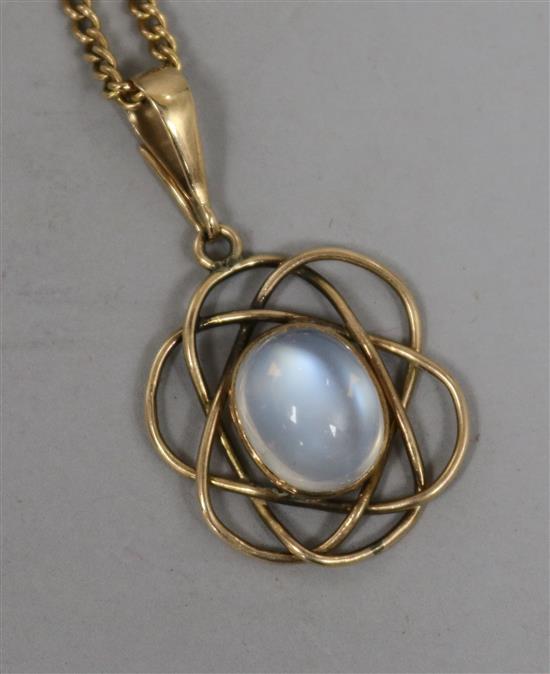 A yellow metal mounted moonstone pendant on a 9ct gold chain, pendant 22mm.
